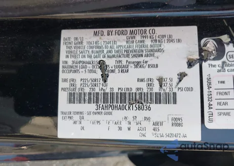 2012 Ford Fusion Se from USA, damaged, VIN 3FAHP0HA0CR158036